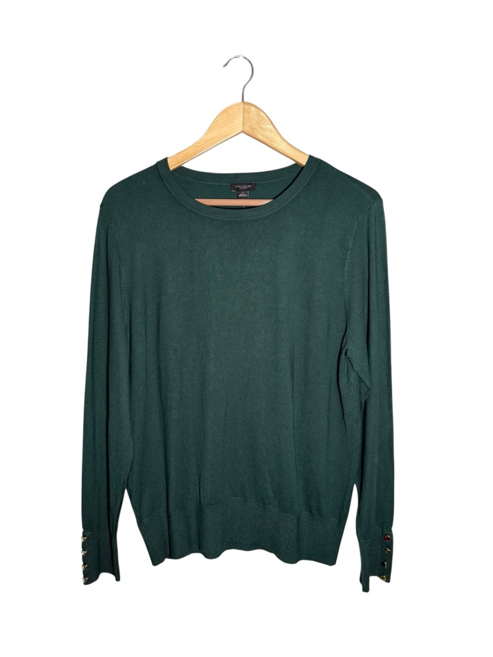 Ann Taylor Factory NWT Dark Green Gold Button Cuff Crew Neck Sweater Size XL